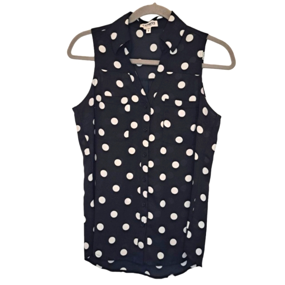 Express Portofino Black White Polka Dot Collared Blouse Size XS